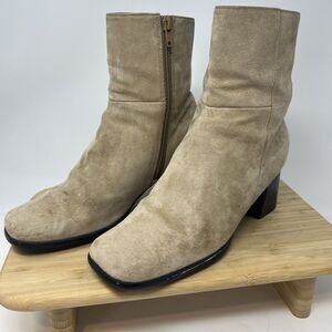 Women's Square Toe Boots Suede Chunky Block Stacked Heel Size 7 M Beige‎ Y2K 90s